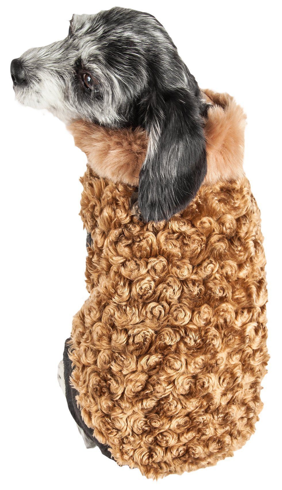 Dog wearing a brown knitted sweater on a white background