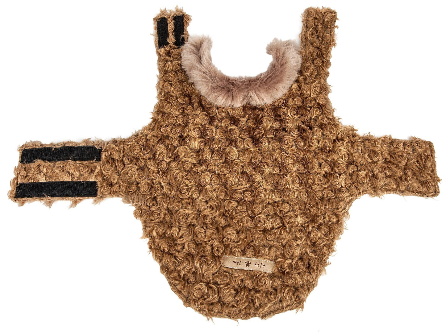 Brown textured romper with fur collar on a white background