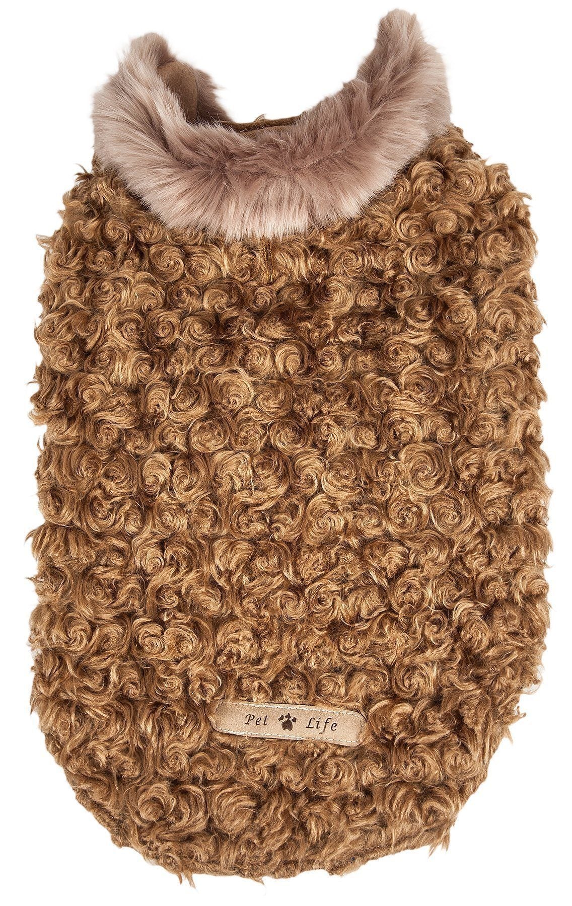 Brown textured dog sweater with fur collar on a white background