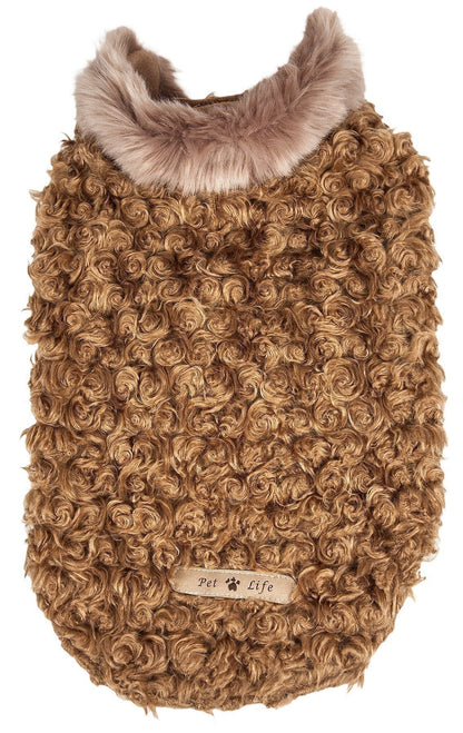 Brown textured dog sweater with fur collar on a white background
