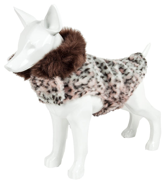 Dog mannequin wearing a leopard print coat on a white background