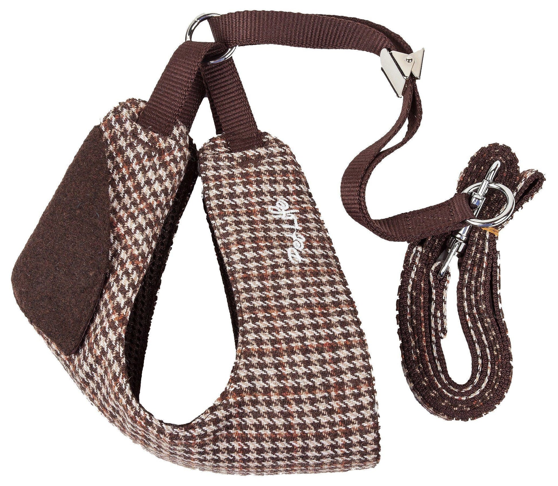 Dog harness and leash set with houndstooth pattern on a white background