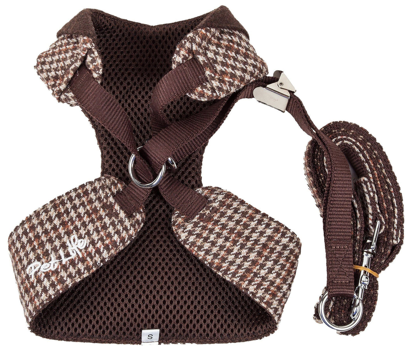 Brown and beige houndstooth patterned dog harness and leash set on a white background