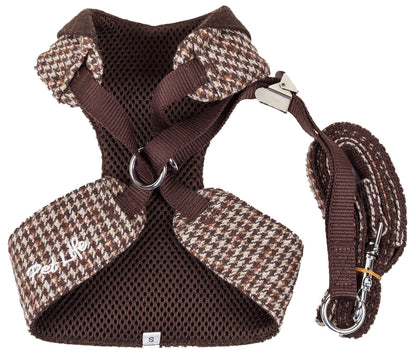 Brown and beige houndstooth patterned dog harness and leash set on a white background