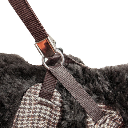 Close-up of a brown strap with a metal buckle on a textured surface.