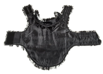 Black satin lingerie set with frayed edges on a white background