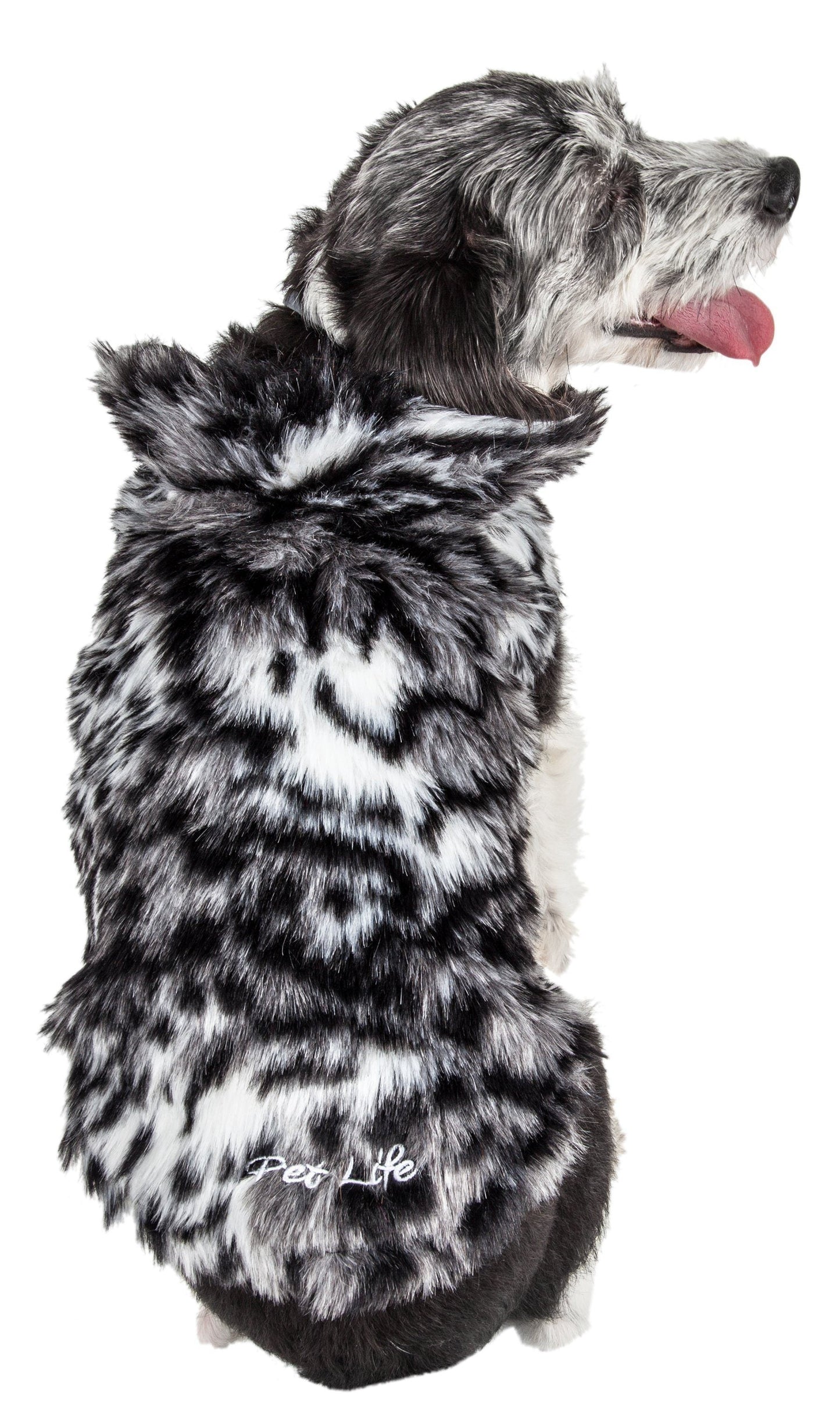 Dog wearing a black and white fur coat with 'Best Life' text on a white background