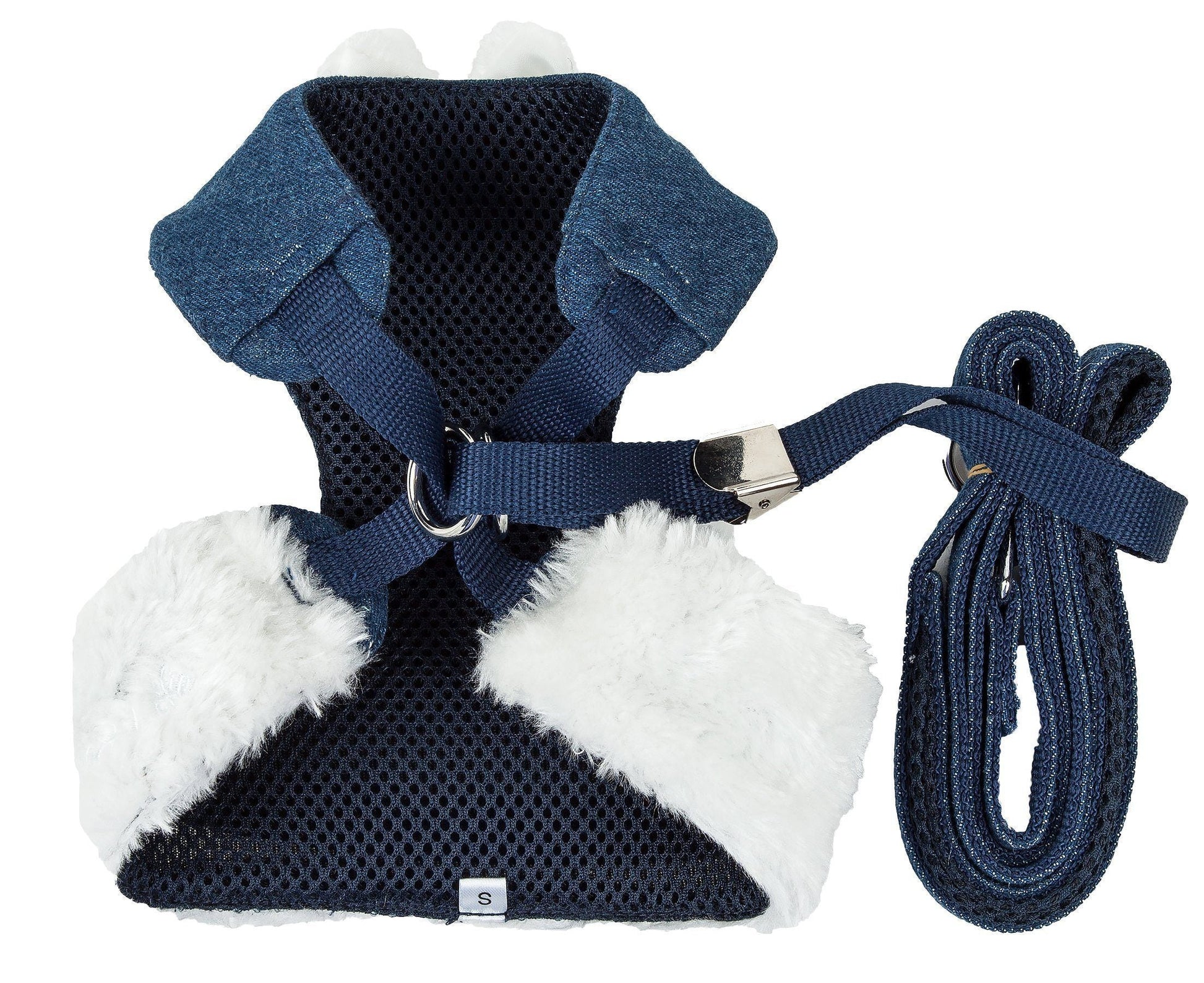 Navy blue and white dog harness with matching leash on a white background
