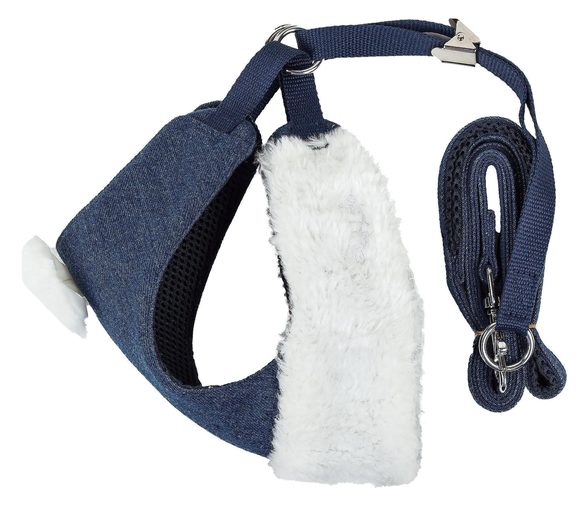 Blue dog harness with white padding and matching leash on a white background
