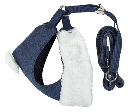 Blue dog harness with white padding and matching leash on a white background