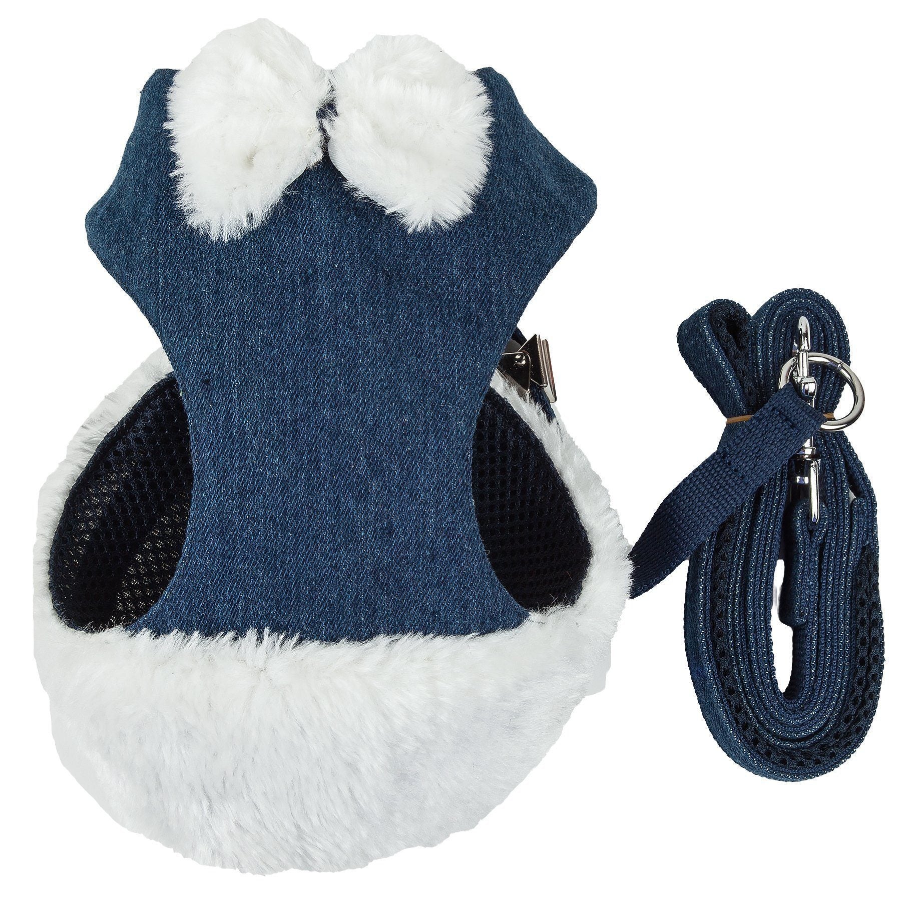 Blue pet harness with white fur and matching leash on a white background