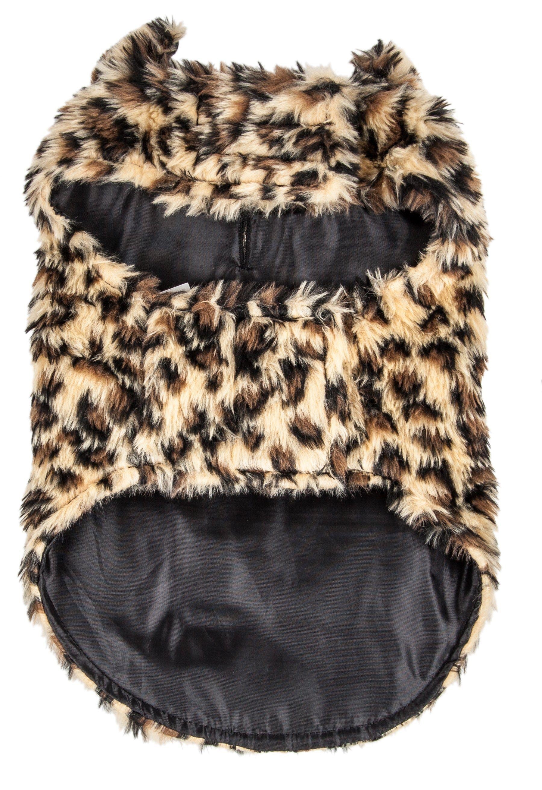 Leopard print fur coat on a white background