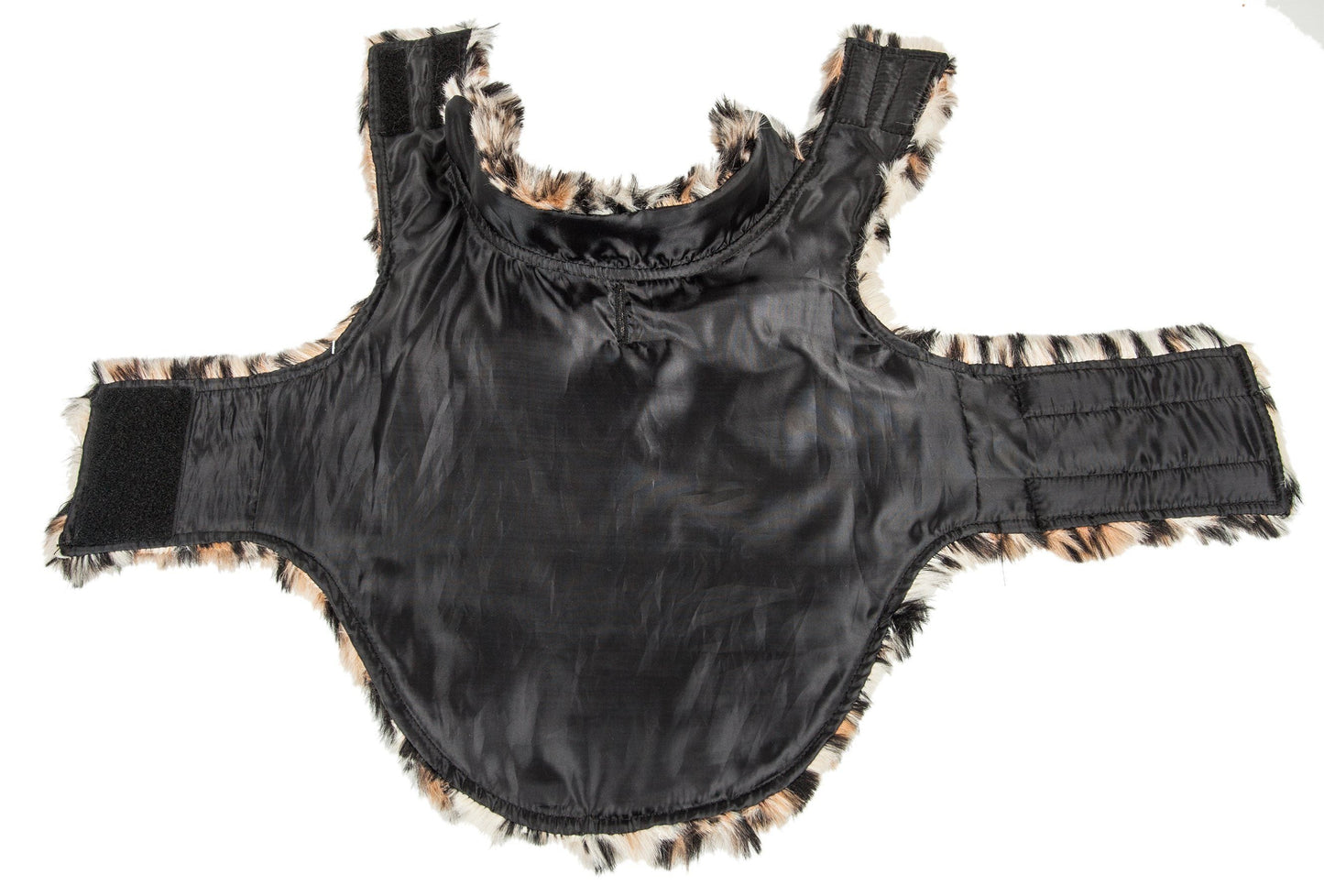 Black satin garment with leopard print trim on a white background