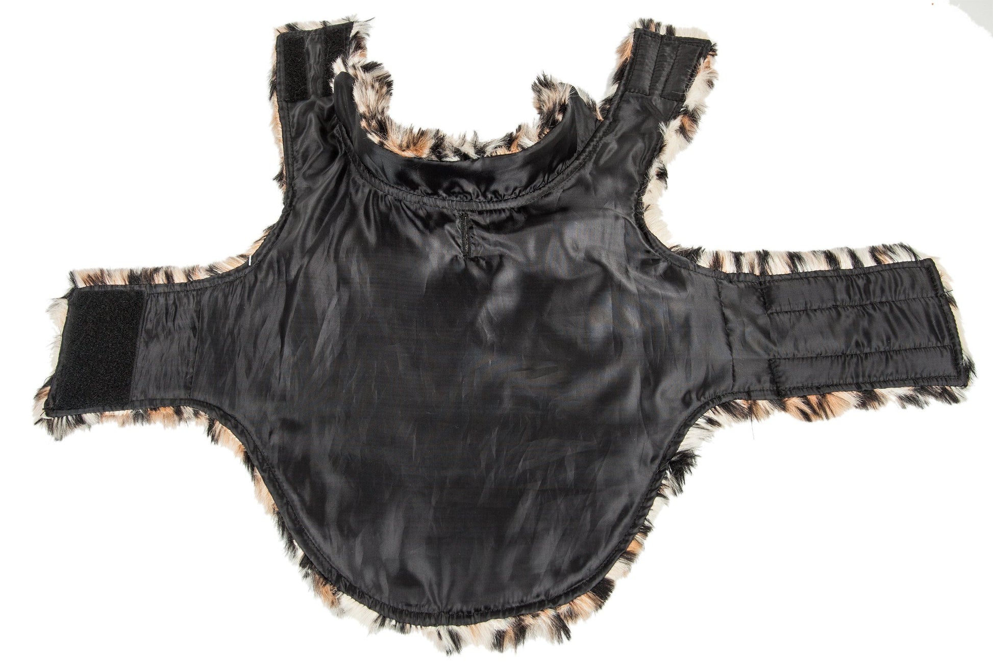Black satin garment with leopard print trim on a white background