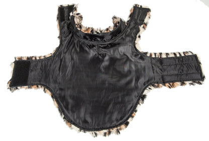 Black satin garment with leopard print trim on a white background