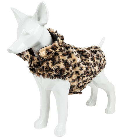 Leopard print dog coat on a white mannequin