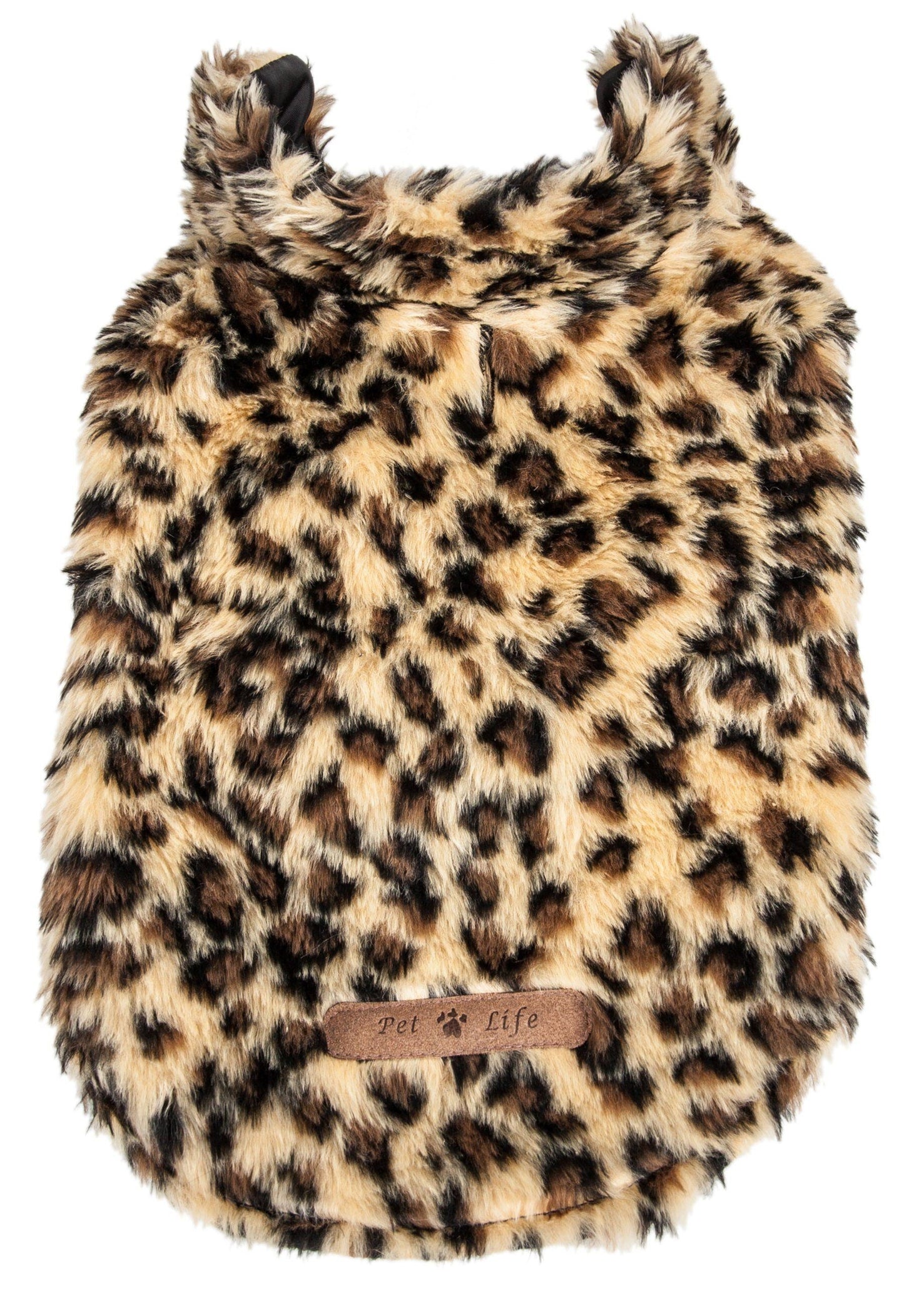 Leopard print pet coat with a brand label on a white background