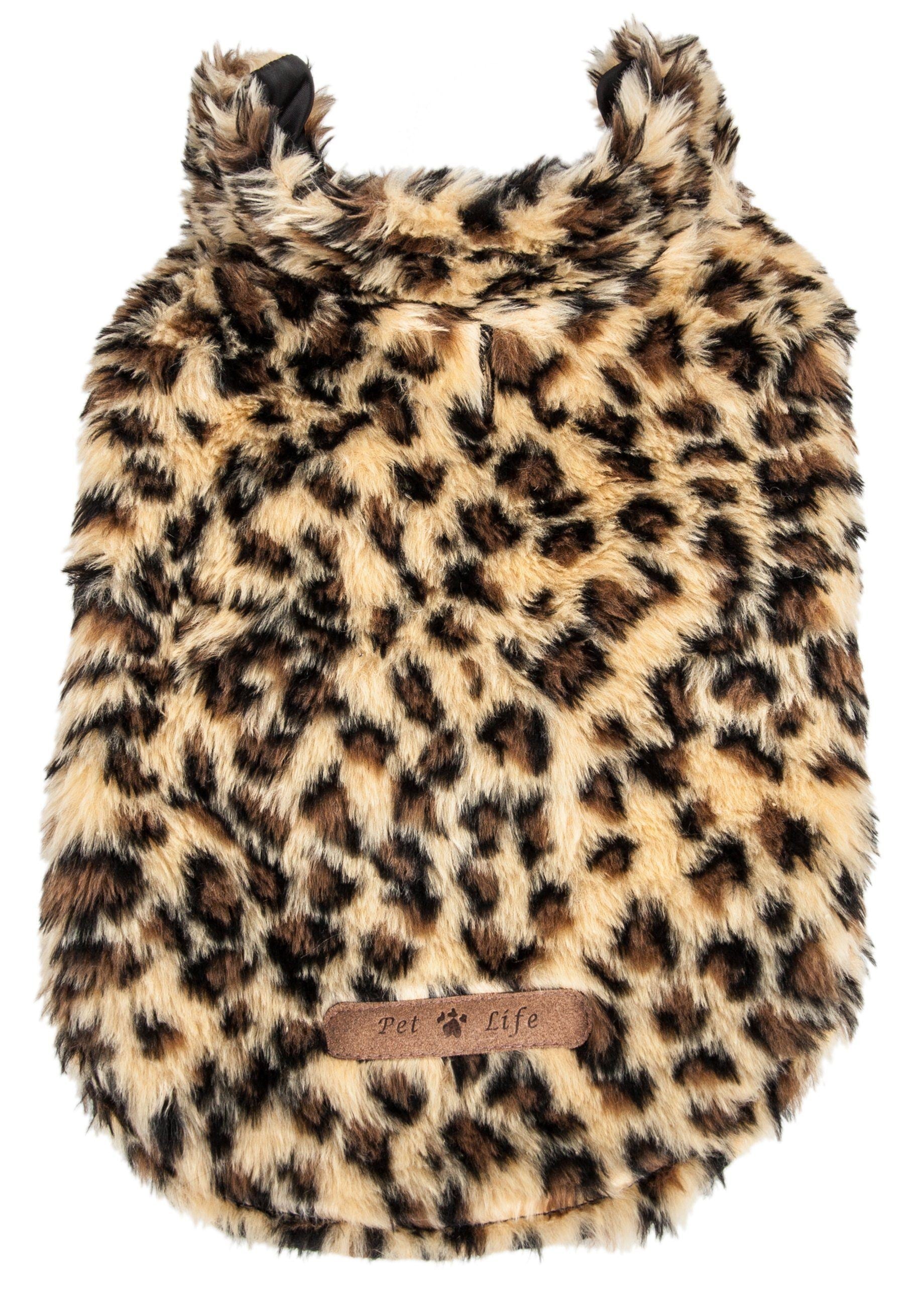 Leopard print pet coat with a brand label on a white background