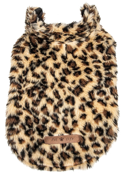 Leopard print pet coat with a brand label on a white background