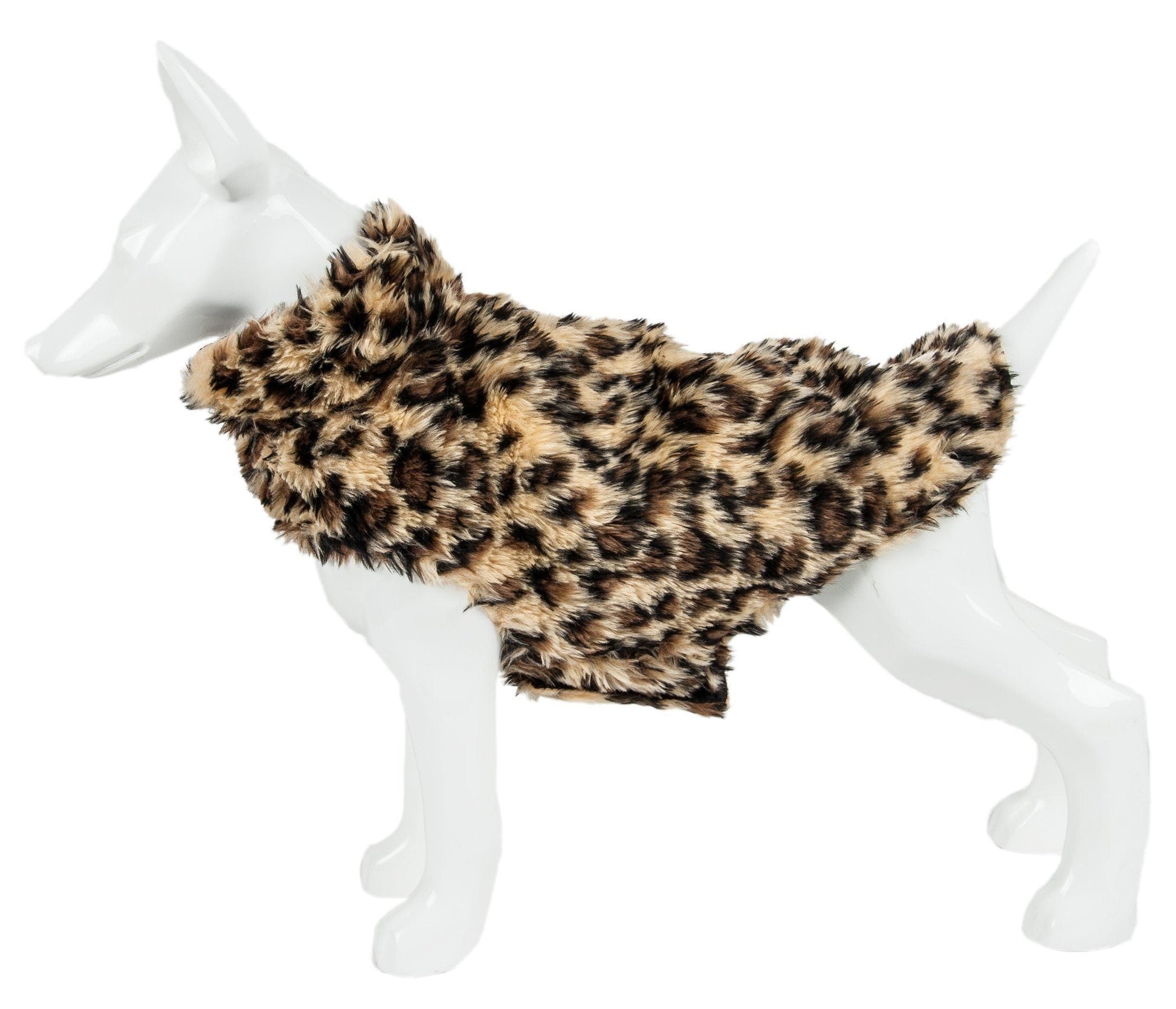 Leopard print dog coat on a white mannequin against a white background