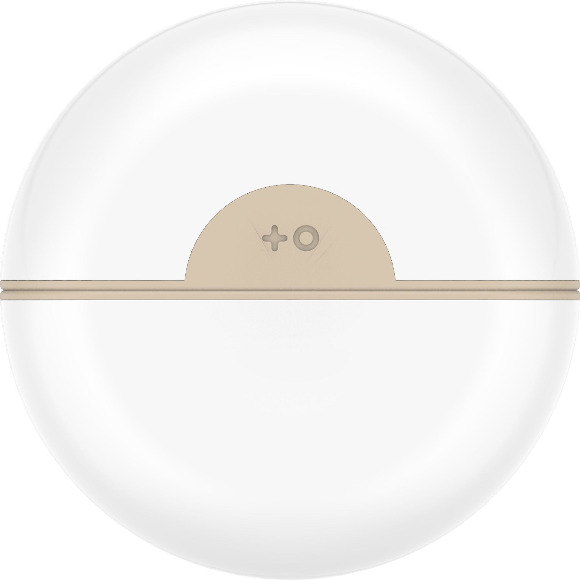 Round white device with beige top and brand logo on a white background