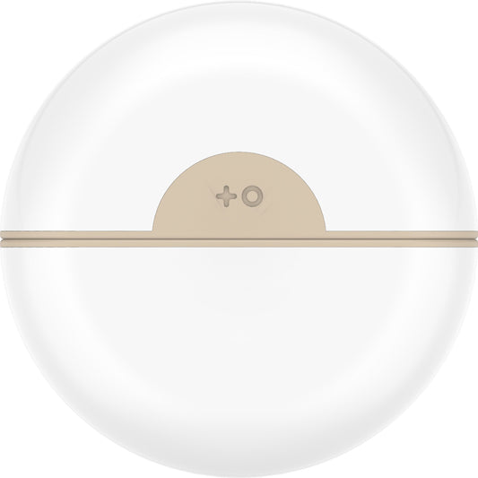 Round white device with beige top and brand logo on a white background