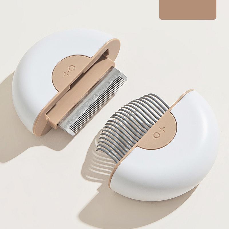 Pet grooming tool with white and beige design on a light background