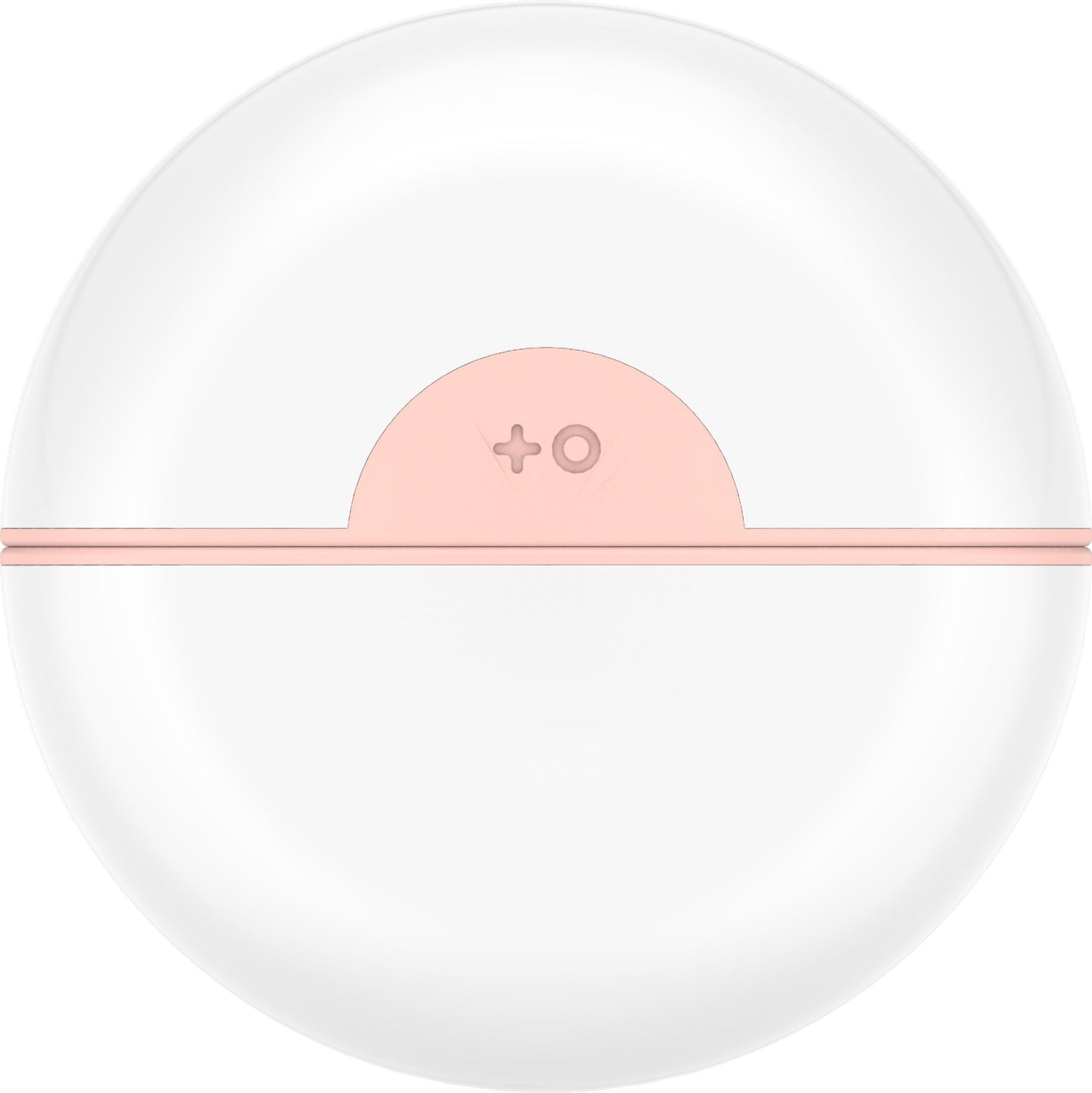 Round electronic device with a pink top and white bottom on a white background