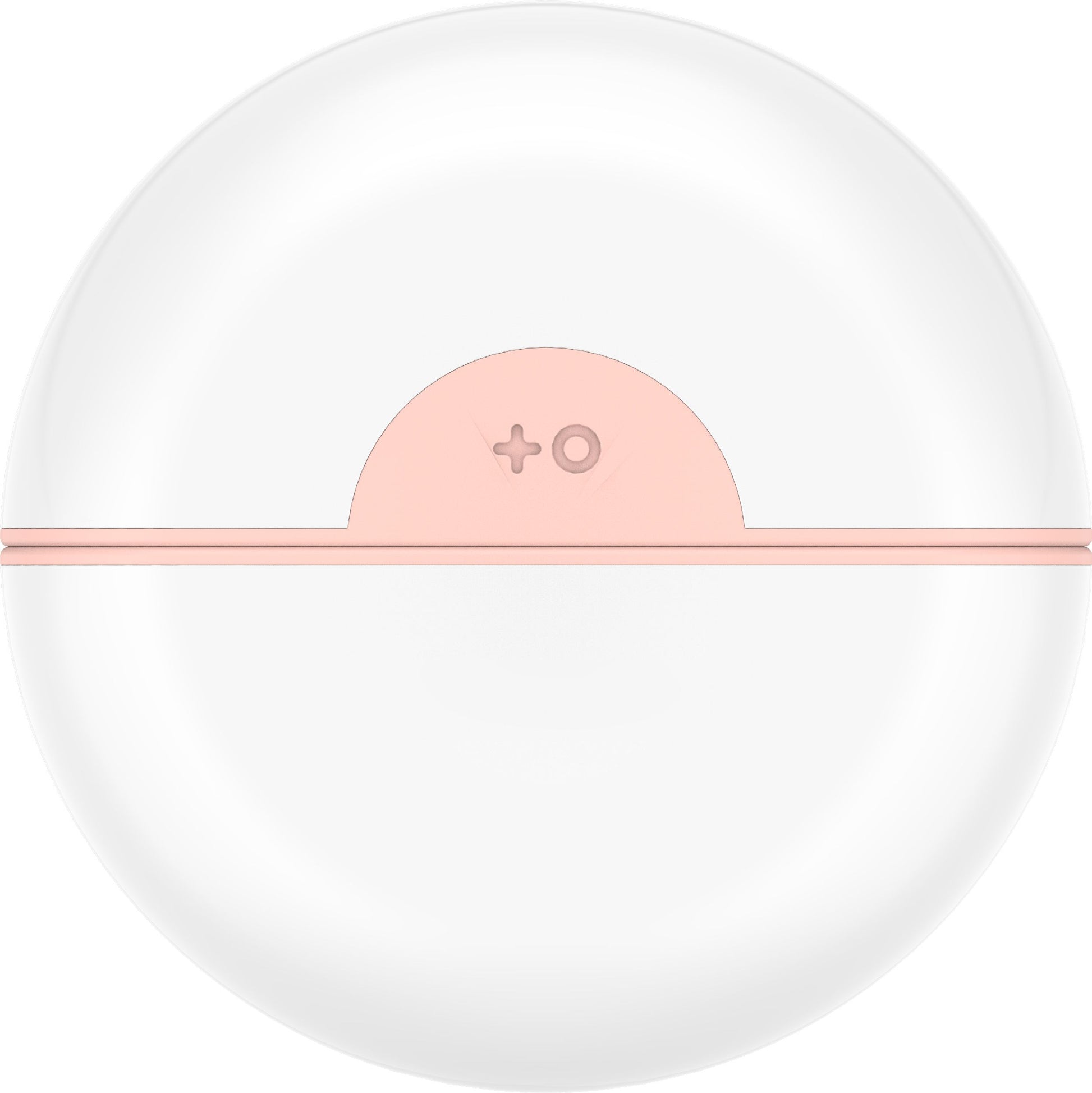 Round electronic device with a pink top and white bottom on a white background