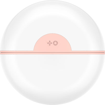 Round electronic device with a pink top and white bottom on a white background