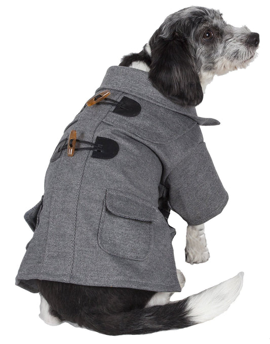 Dog wearing a gray coat with button details on a white background