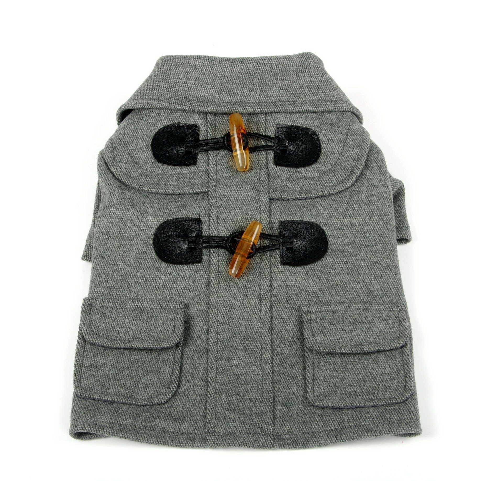 Gray dog coat with black buttons on a white background