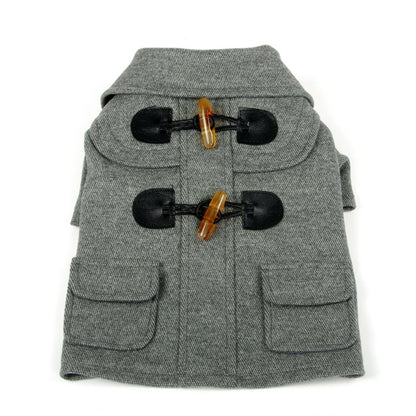 Gray dog coat with black buttons on a white background