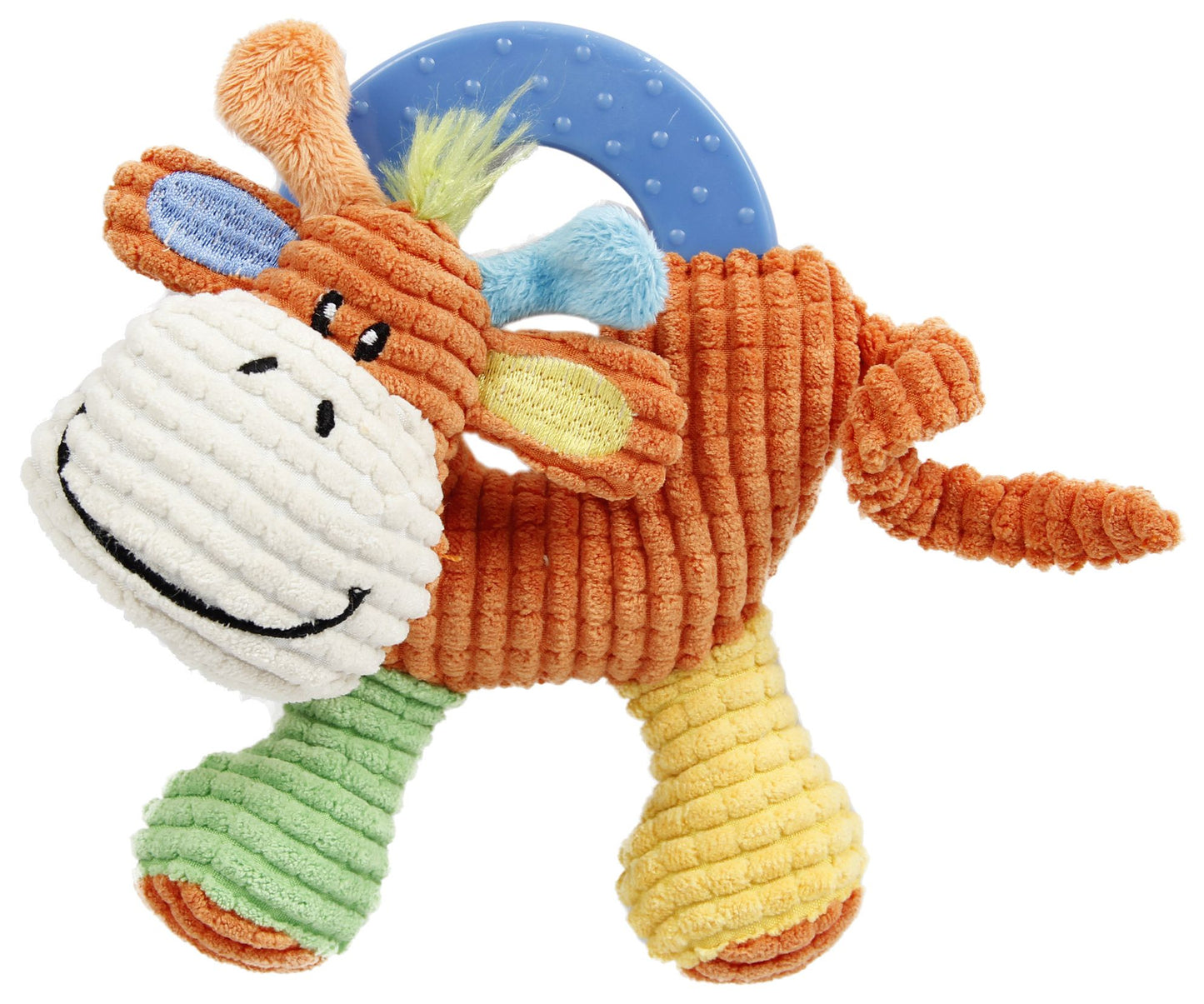 Plush toy with a smiling face and colorful body on a white background