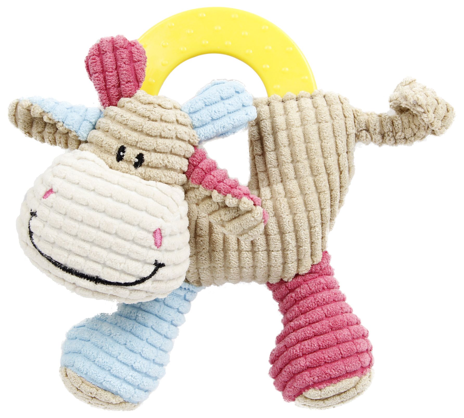 Children's toy with a smiling face, pink legs, blue arms, and a yellow ring on a white background.