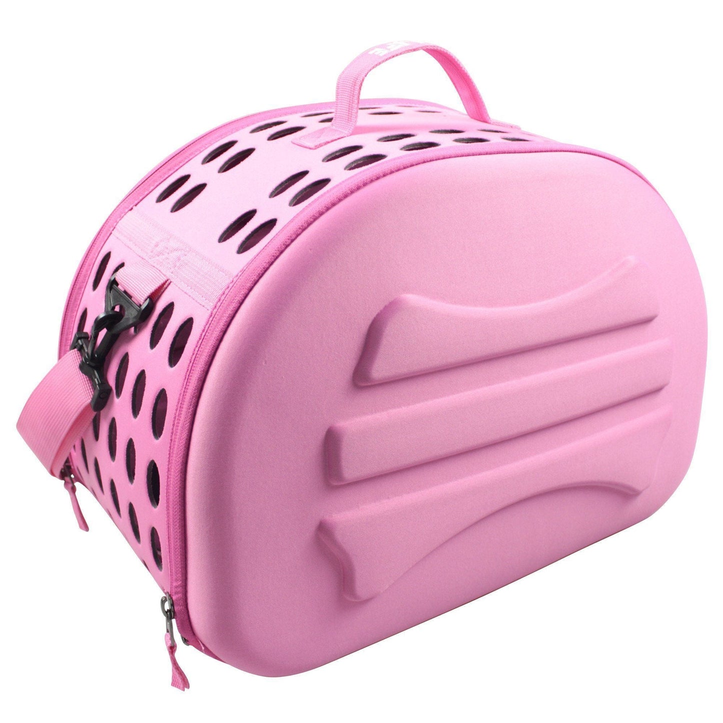 Pink pet carrier with black accents on a white background
