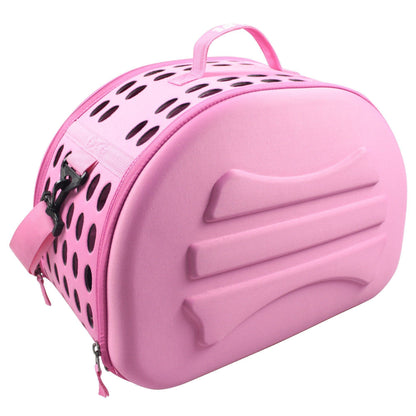 Pink pet carrier with black accents on a white background