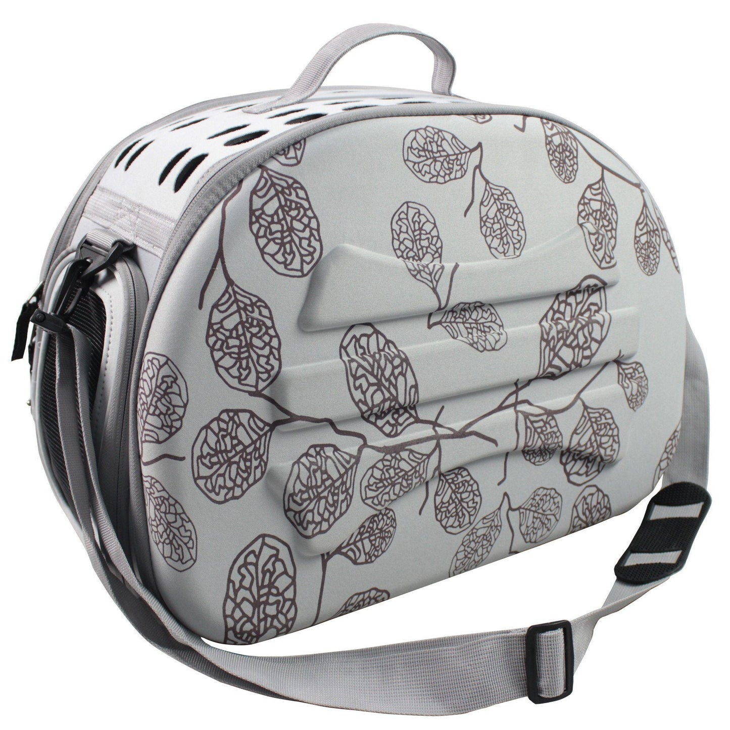Round pet carrier with leaf pattern on a white background