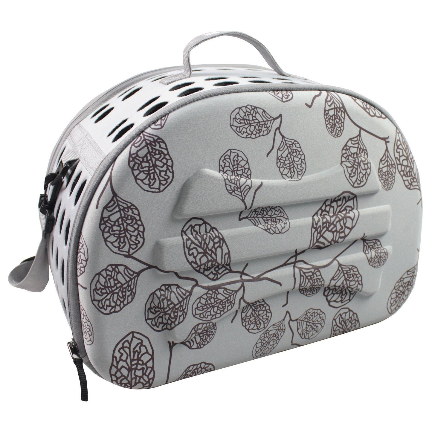Pet carrier with leaf pattern on a white background