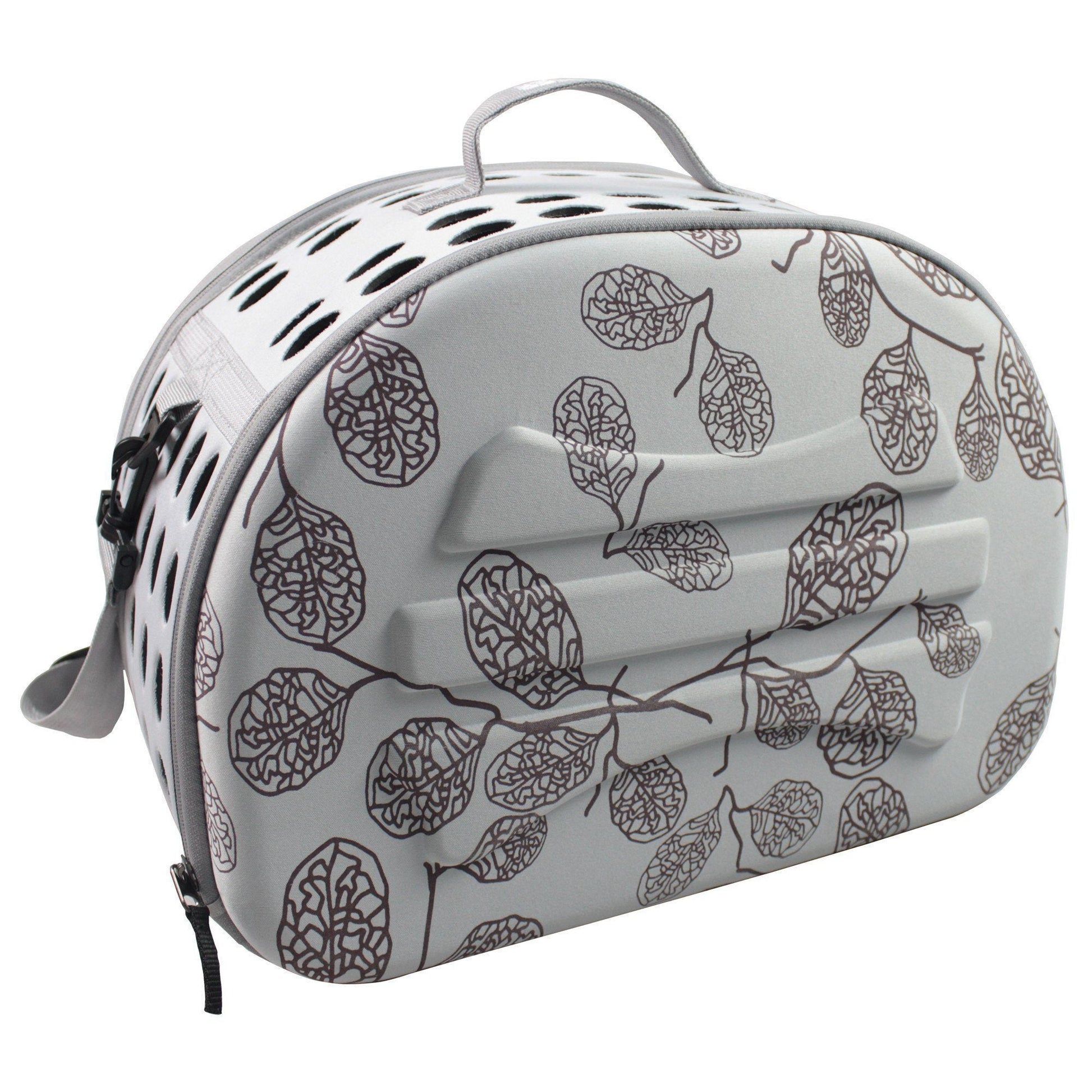 Pet carrier with leaf pattern on a white background