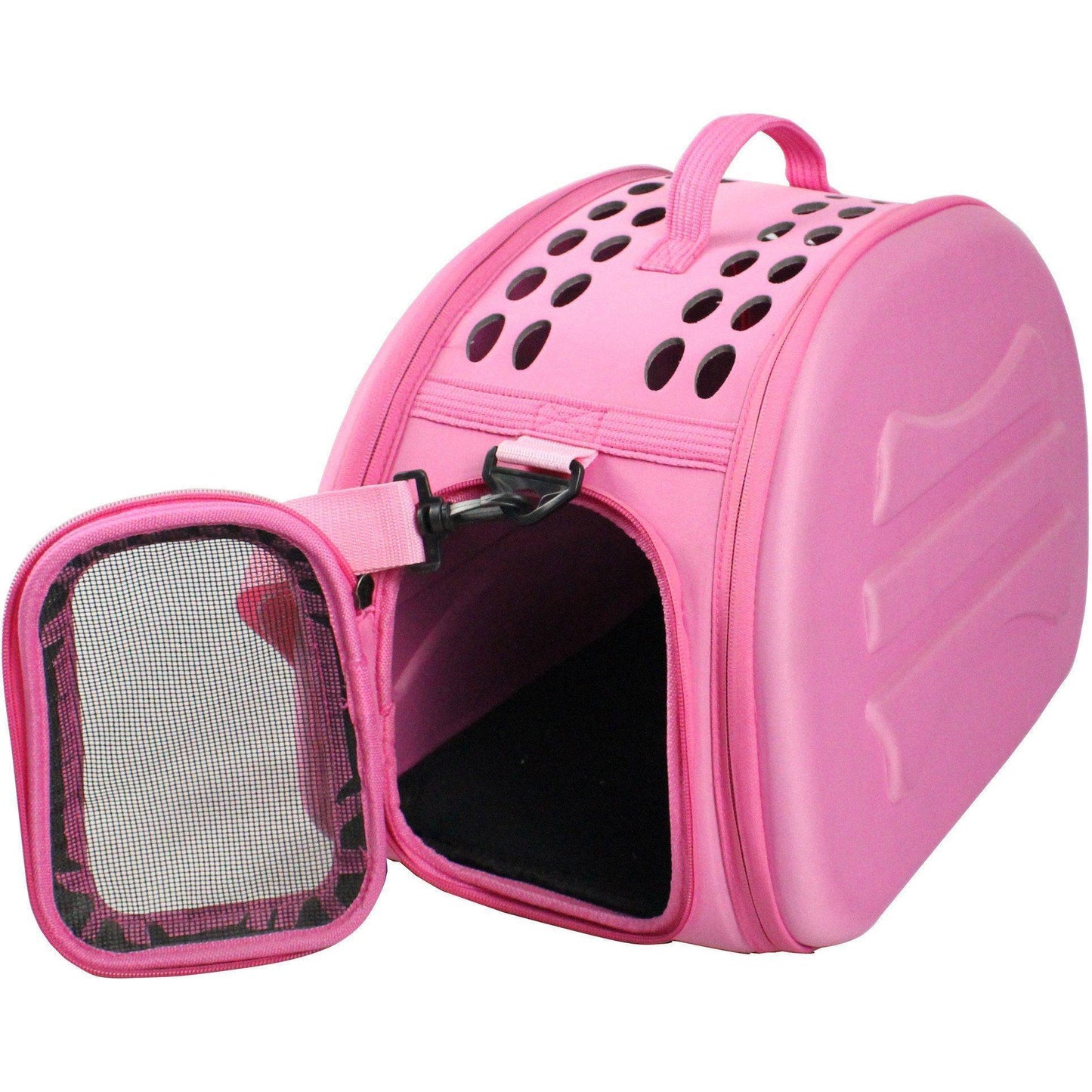 Pink pet carrier with open door on a white background