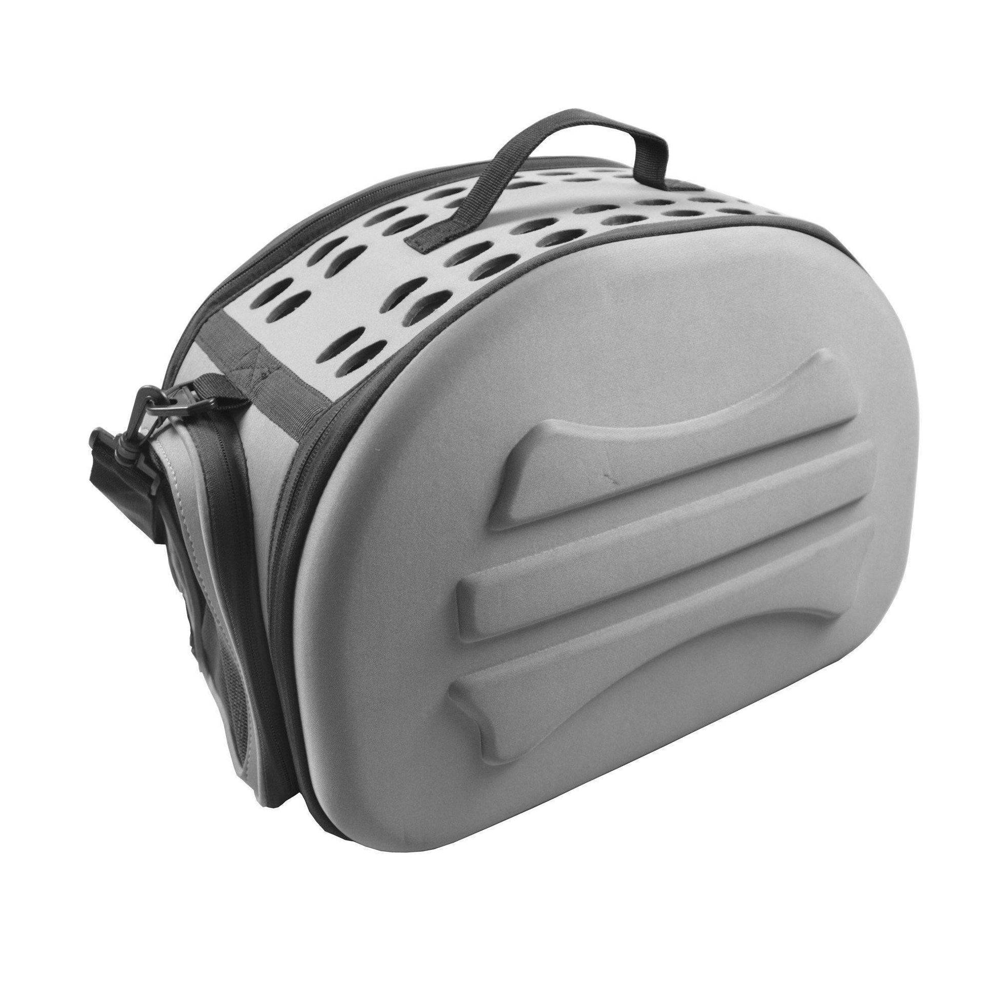 Gray pet carrier with black straps on a white background