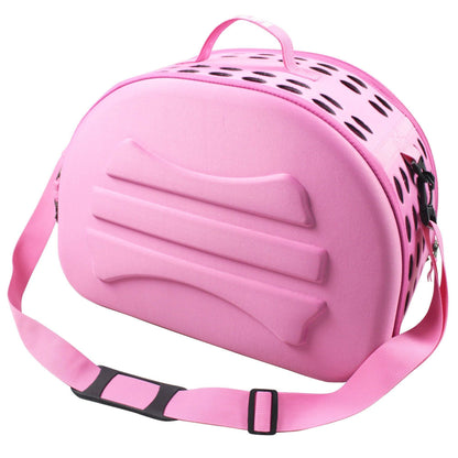 Pink pet carrier with a strap on a white background