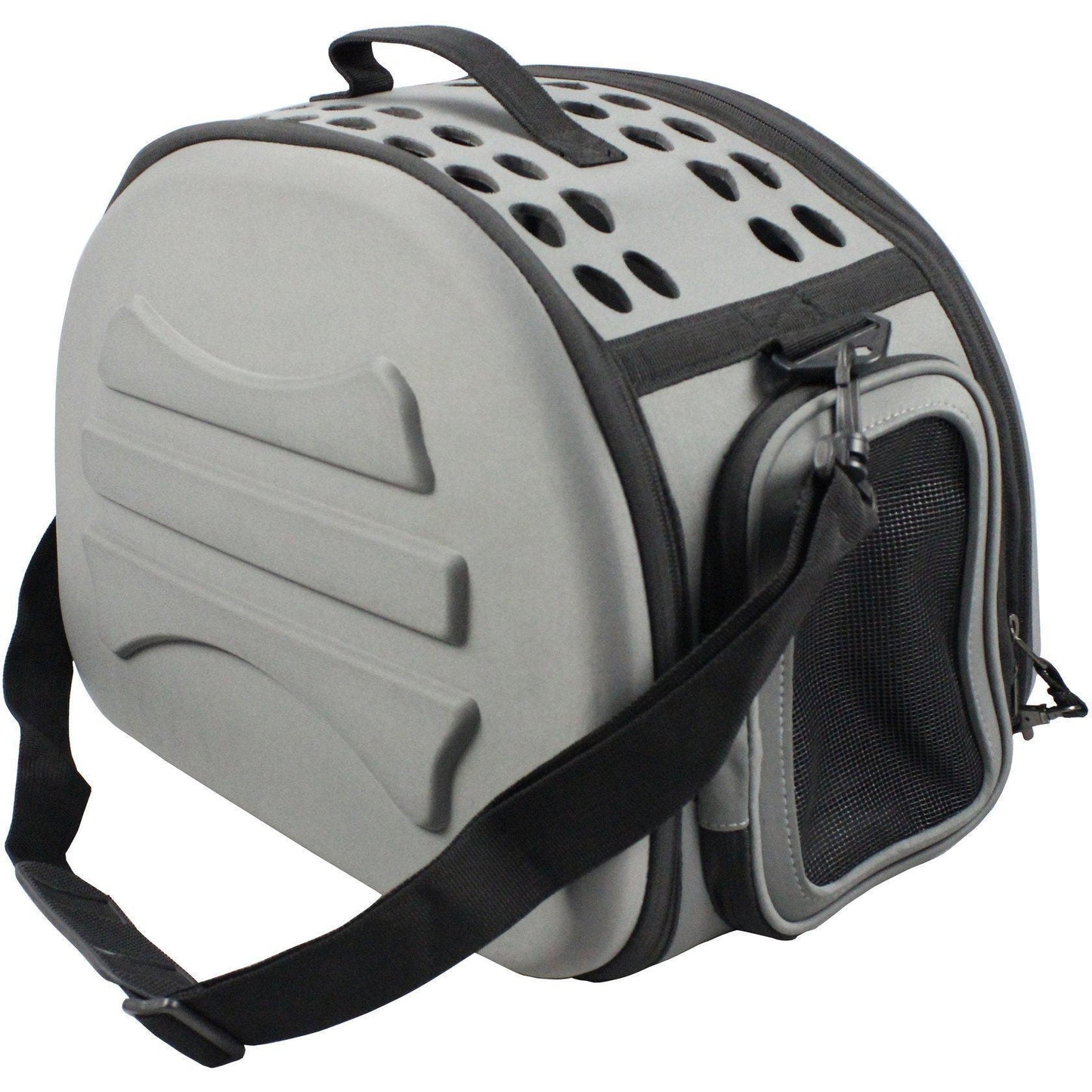 Gray pet carrier with black accents on a white background