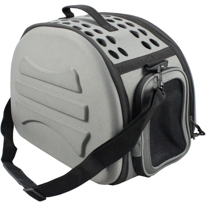 Gray pet carrier with black accents on a white background