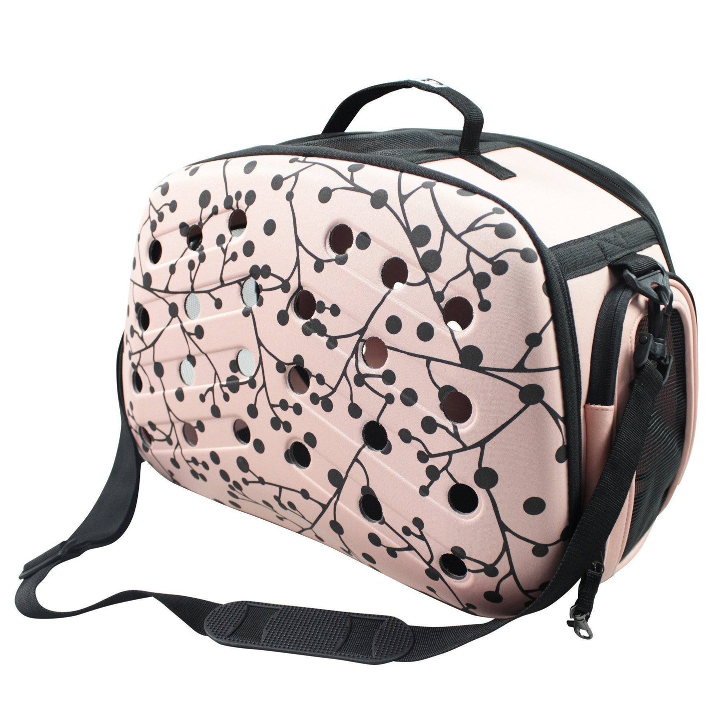 Pink duffel bag with black floral pattern on a white background.
