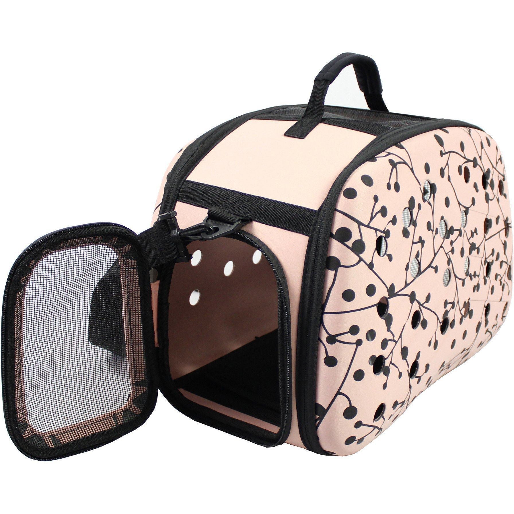 Pet carrier with floral pattern on a white background