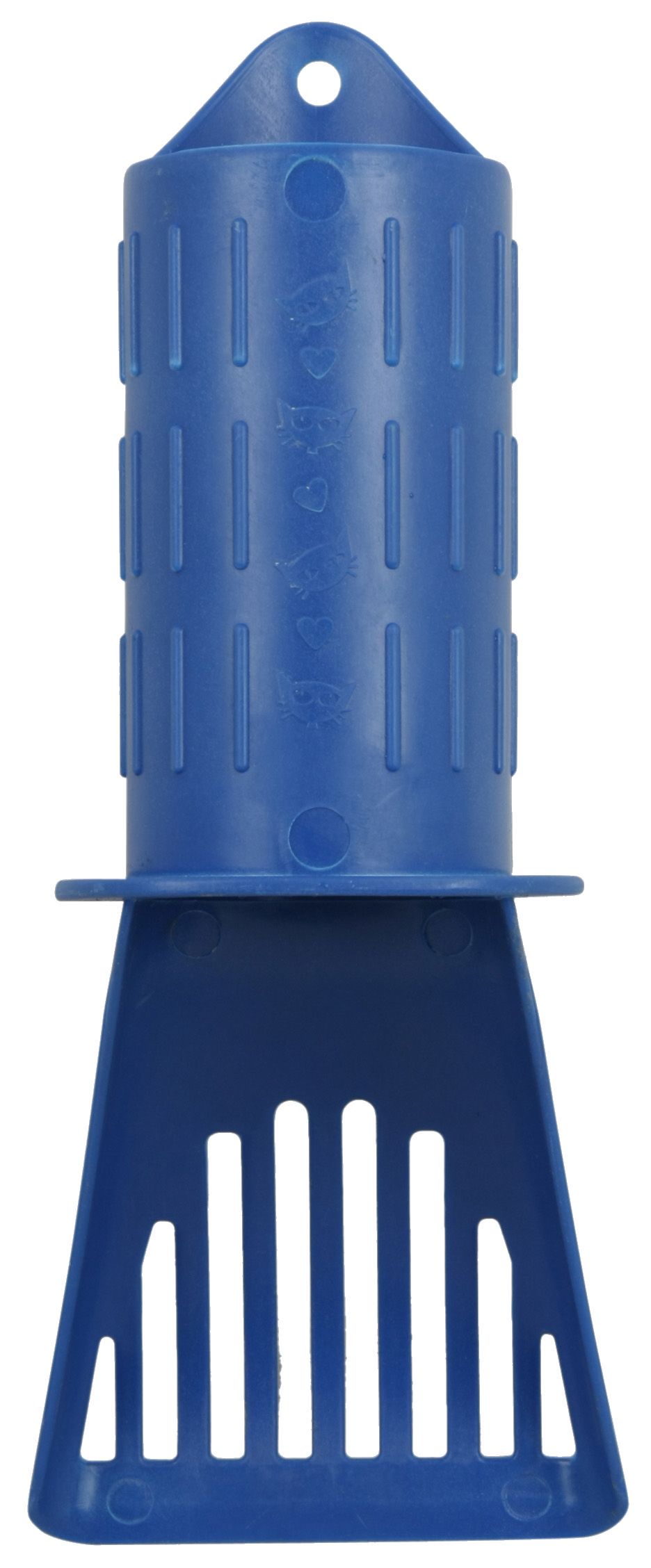 Blue plastic tool with a handle and base on a white background