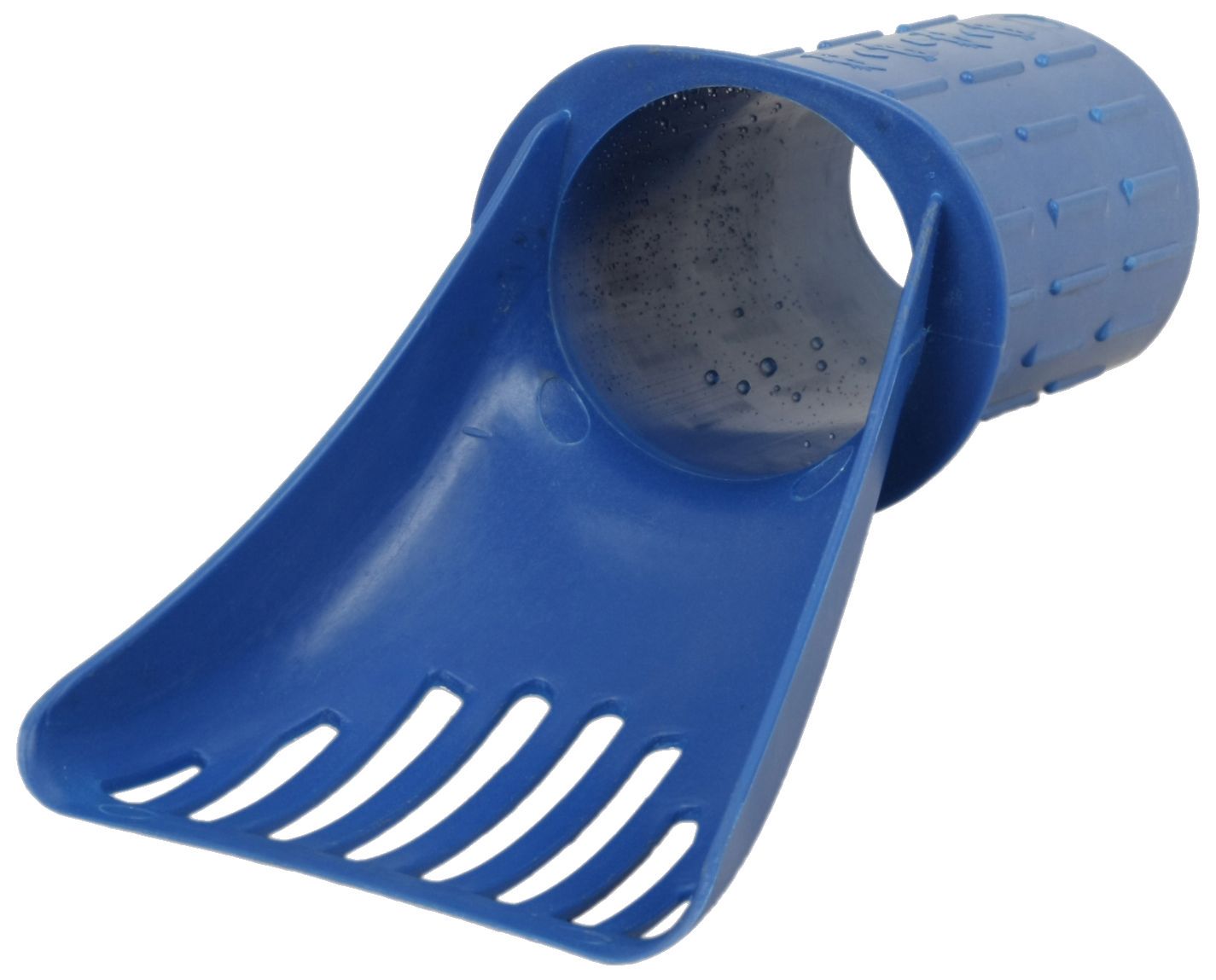 Blue plastic scoop with textured interior on a white background