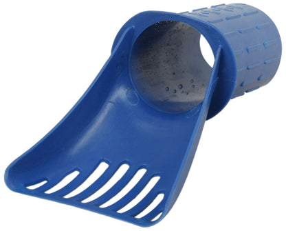 Blue plastic scoop with textured interior on a white background